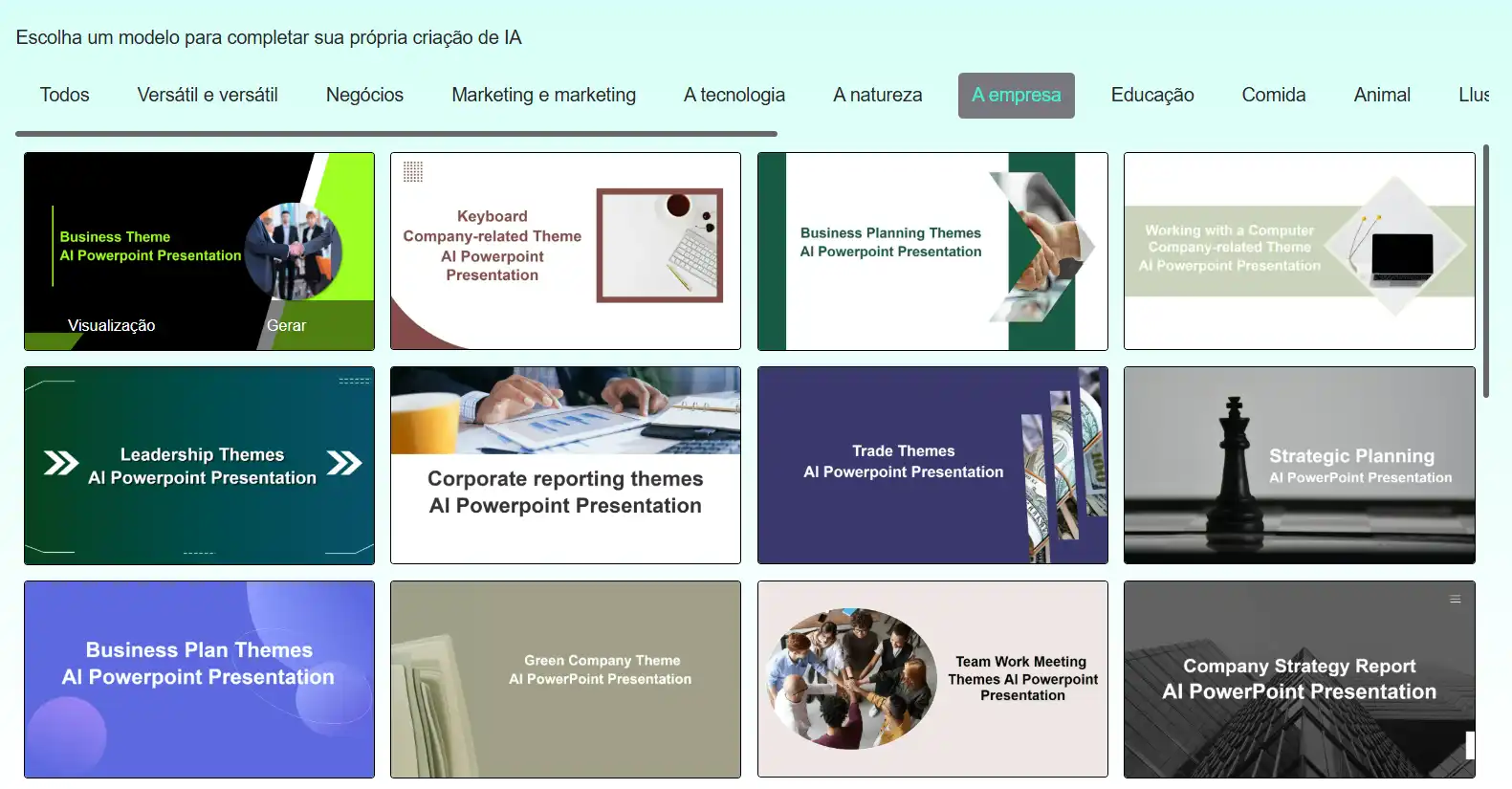 Esta seção apresenta a interface de seleção de modelos de apresentação corporativa que podem ser criados com o auxílio de IA