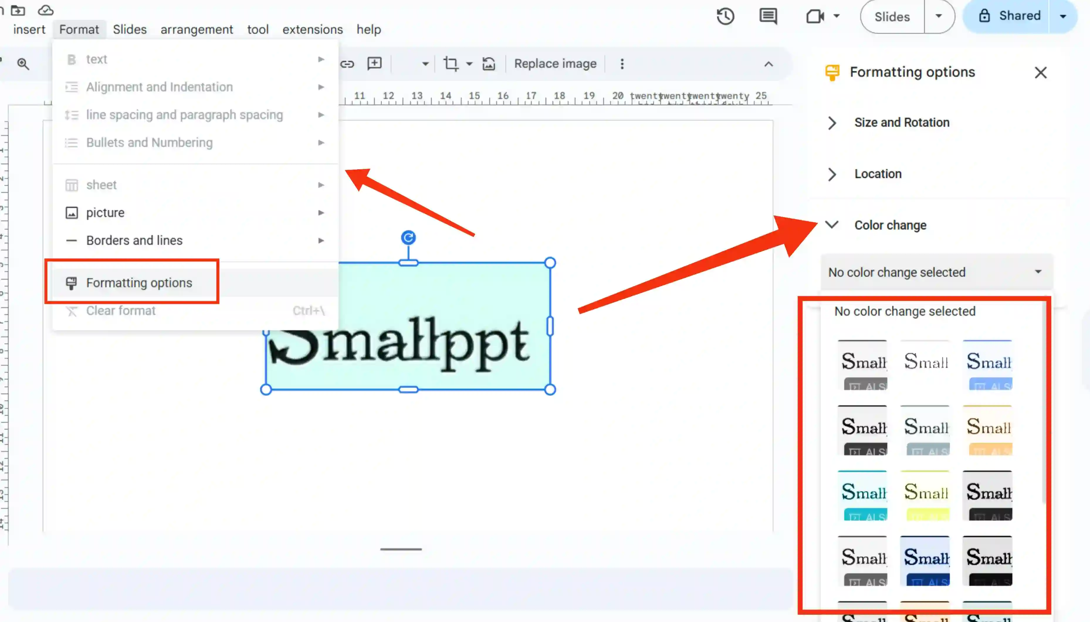 このセクションでは、Google スライドでの色の変更方法を説明します