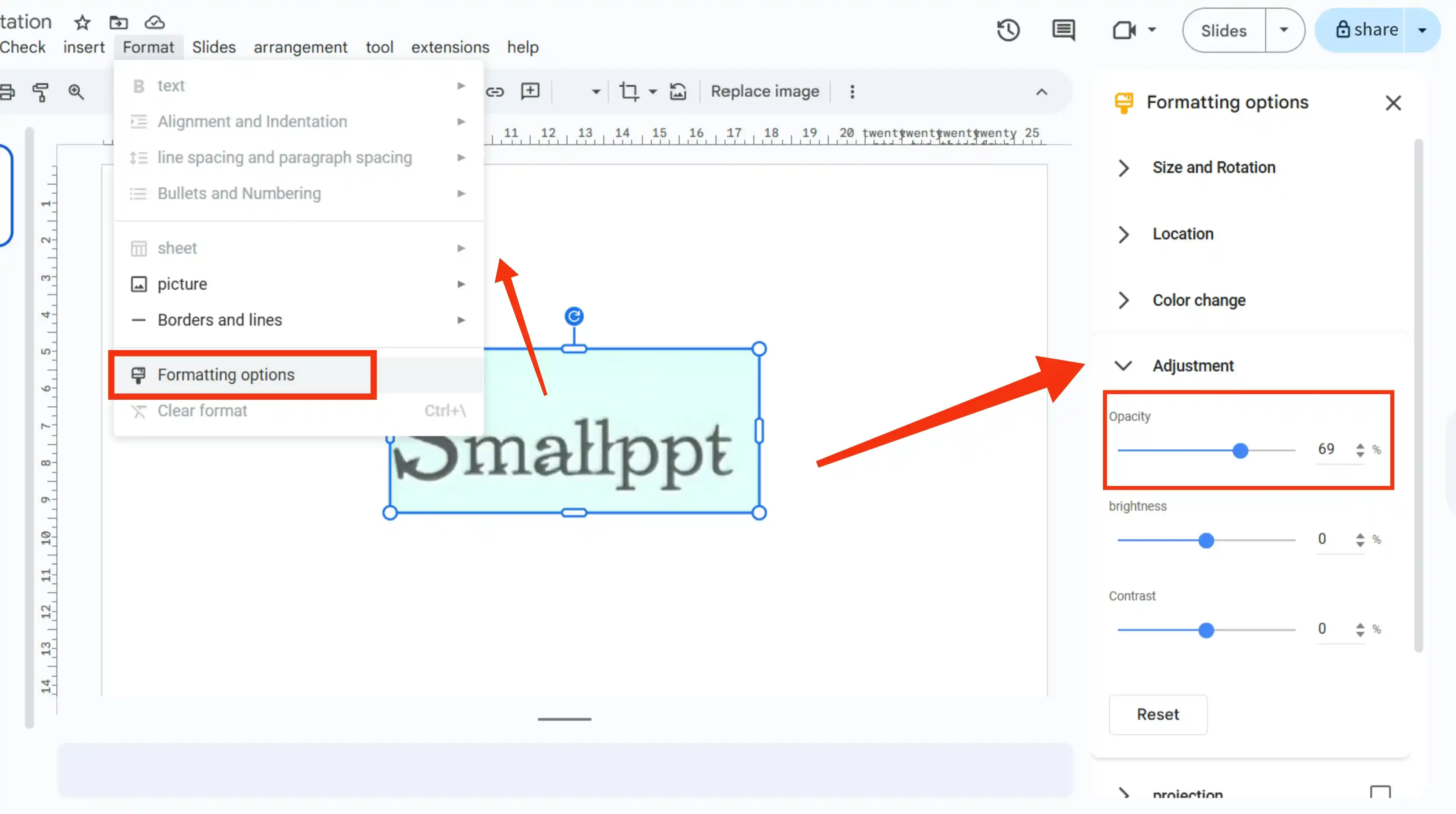 Google スライドの書式設定オプションで Smallppt ロゴの不透明度パラメータを調整する