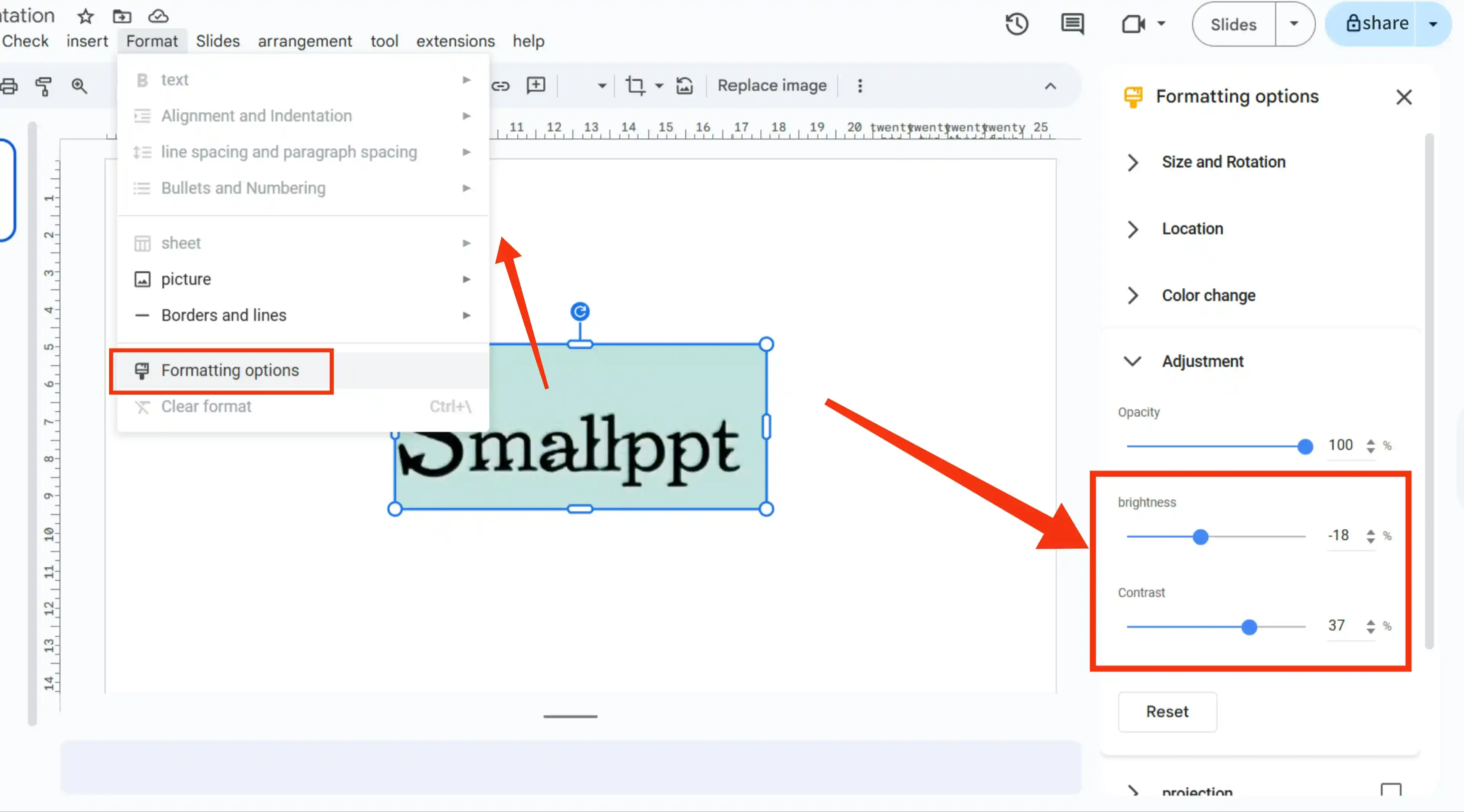 Google スライドの書式設定オプションで Smallppt ロゴの明るさとコントラストパラメータを調整する