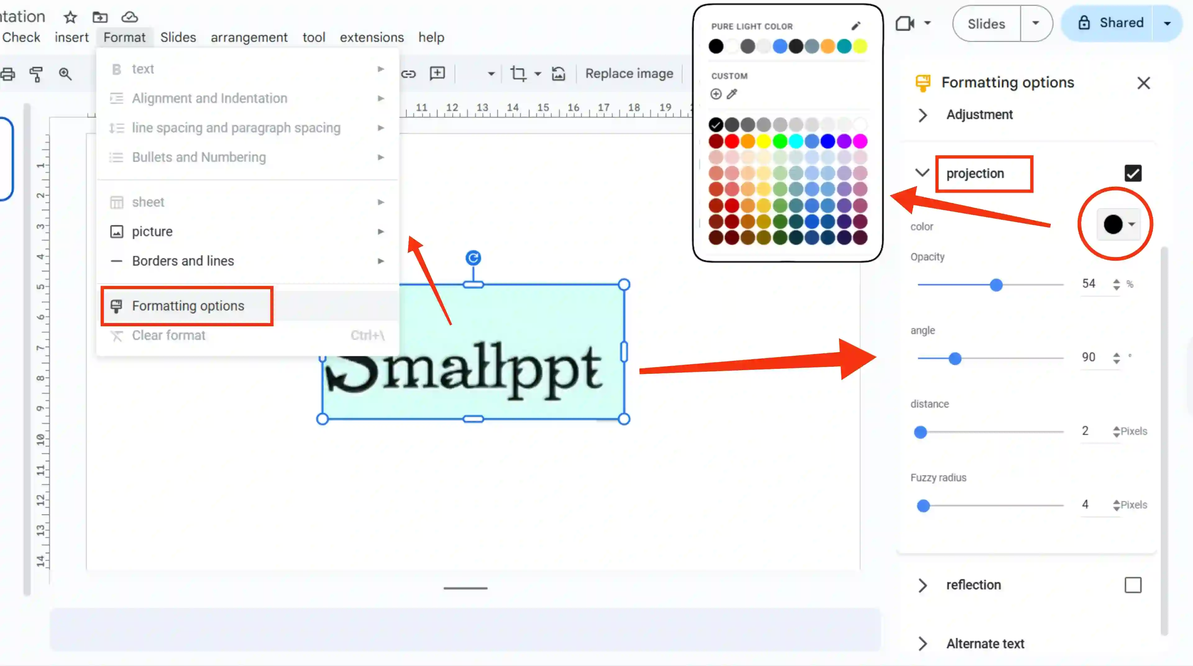 Google スライドで影効果を設定し、影の色を選択する