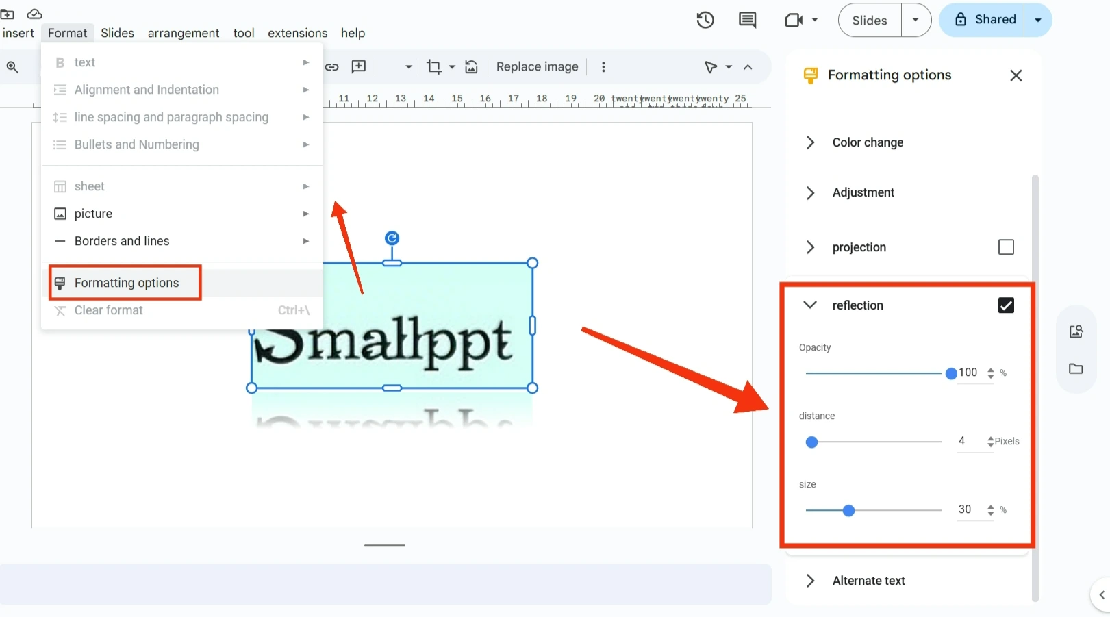 Google スライドの書式設定オプションで反射効果のパラメータを設定する