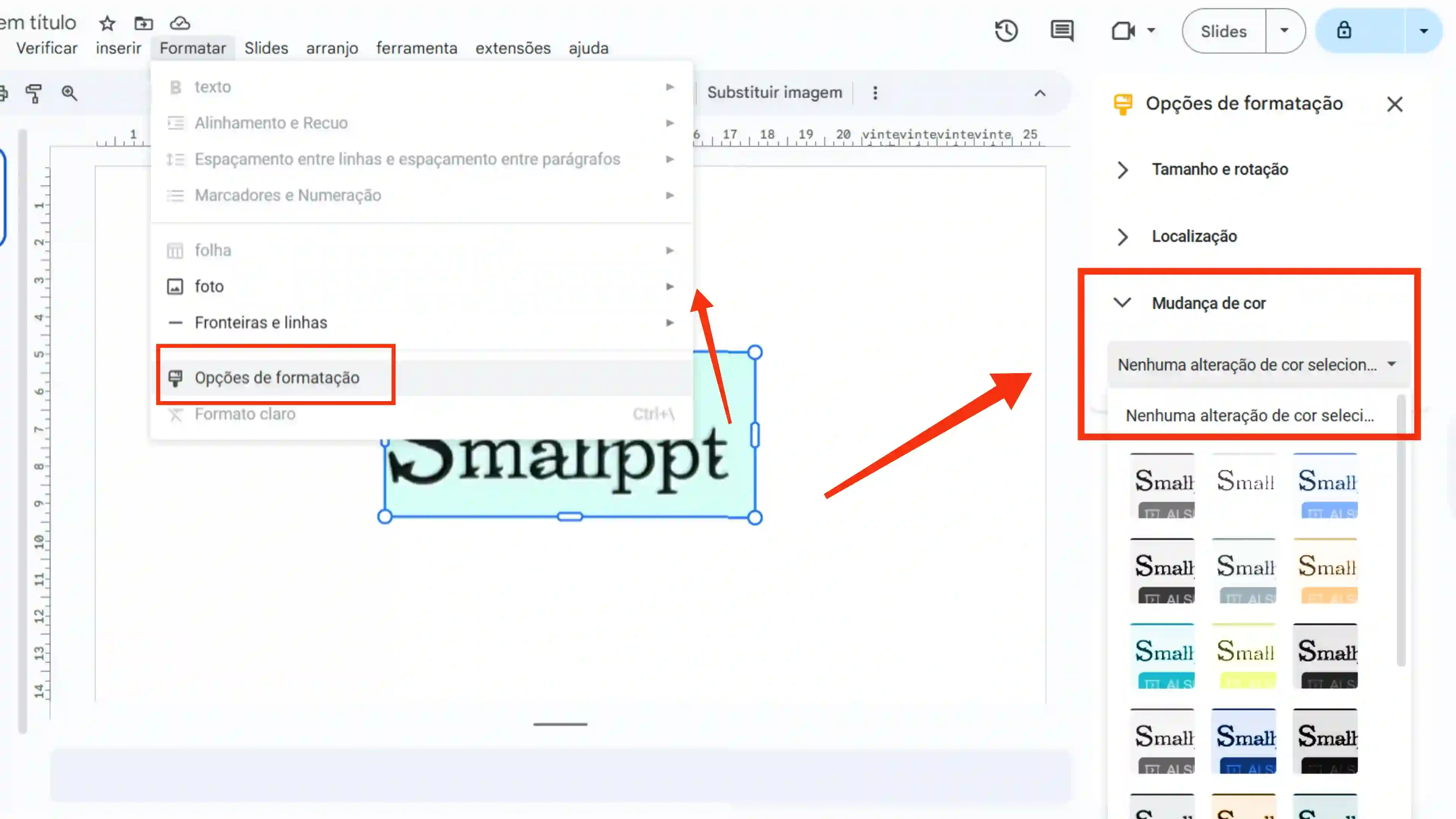 Alterar as cores das imagens nas opções de formatação do Google Slides
