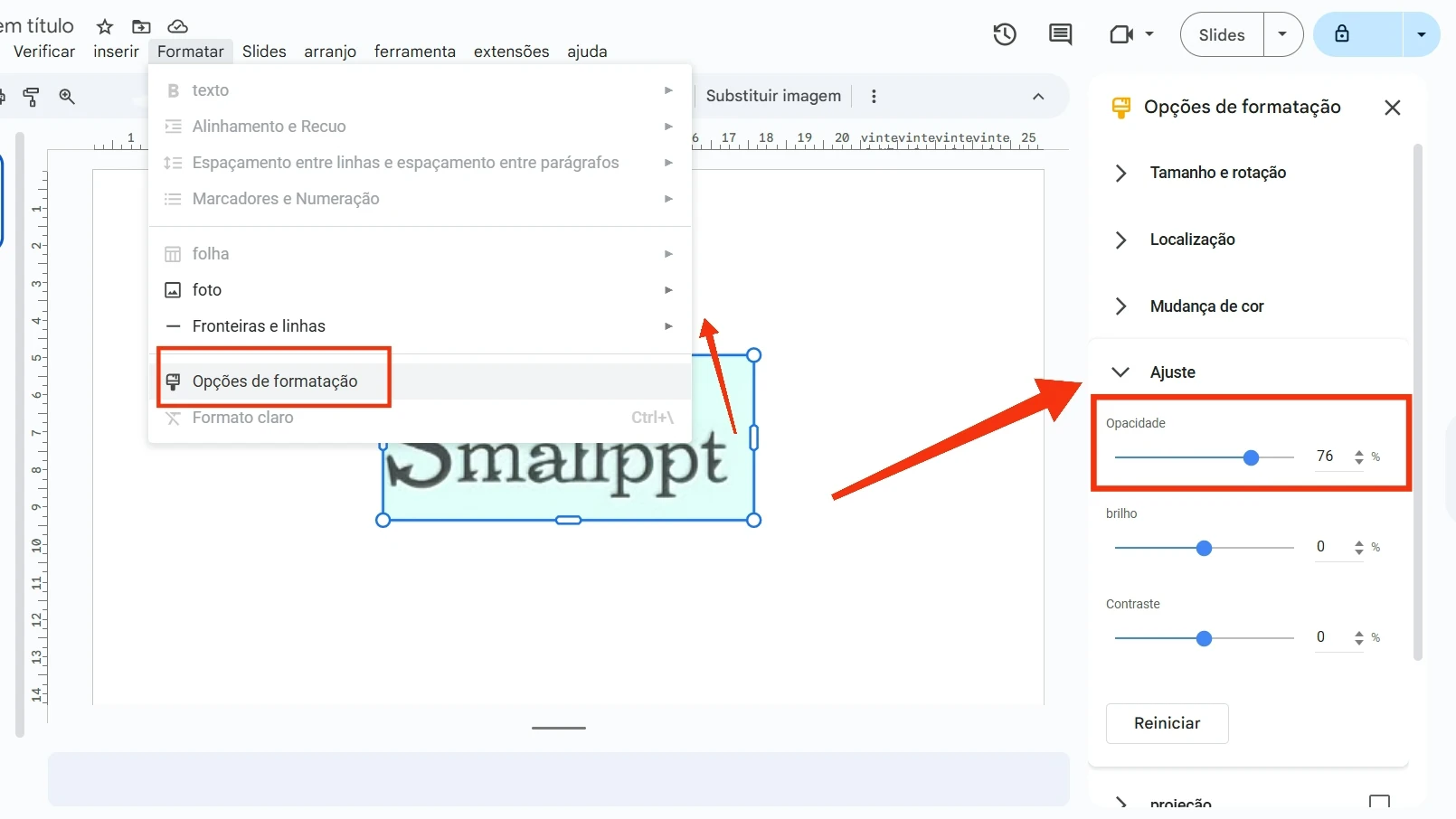 Ajuste a configuração de opacidade nas opções de formatação do Google Slides