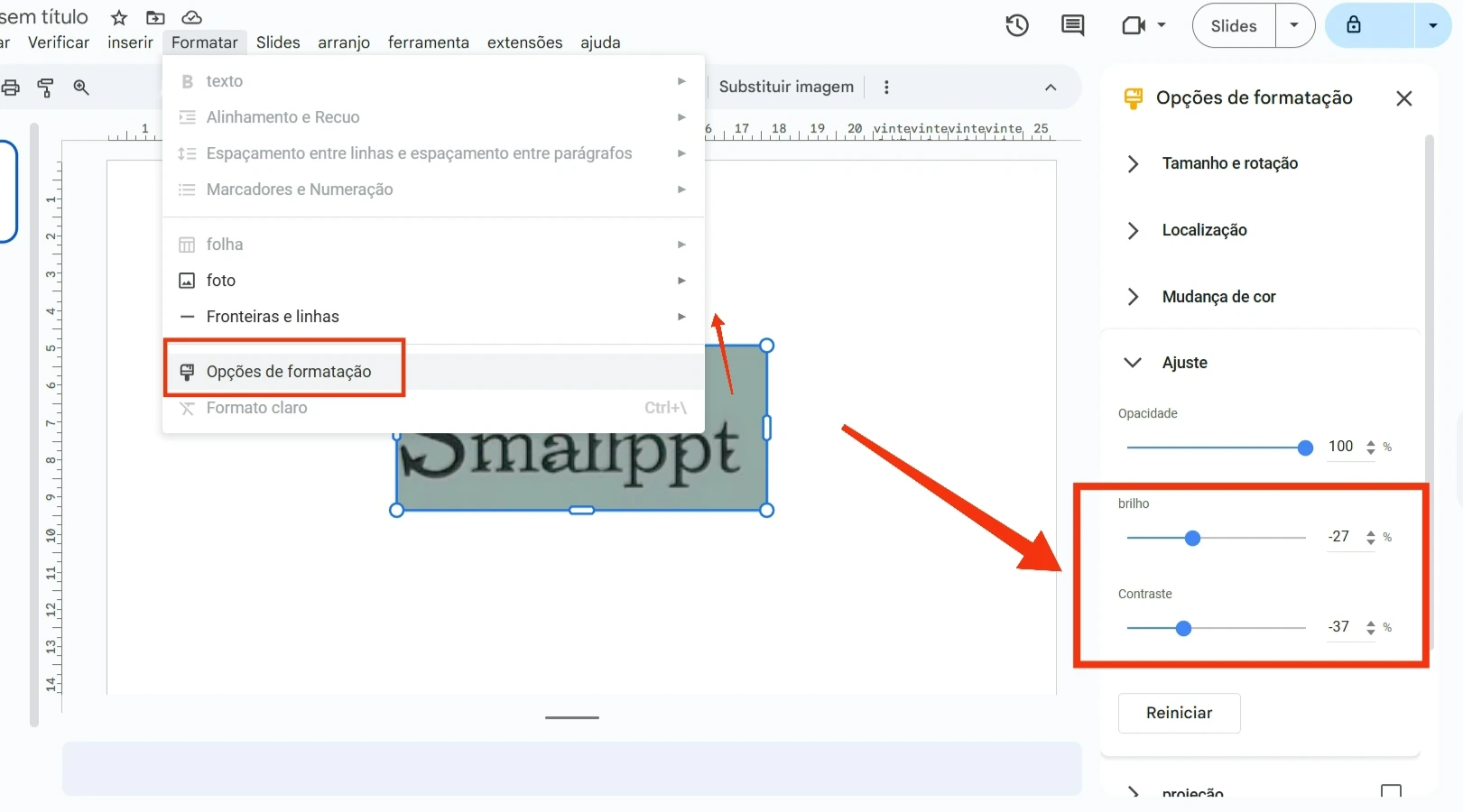 Ajuste as configurações de brilho e contraste nas opções de formatação do Google Slides