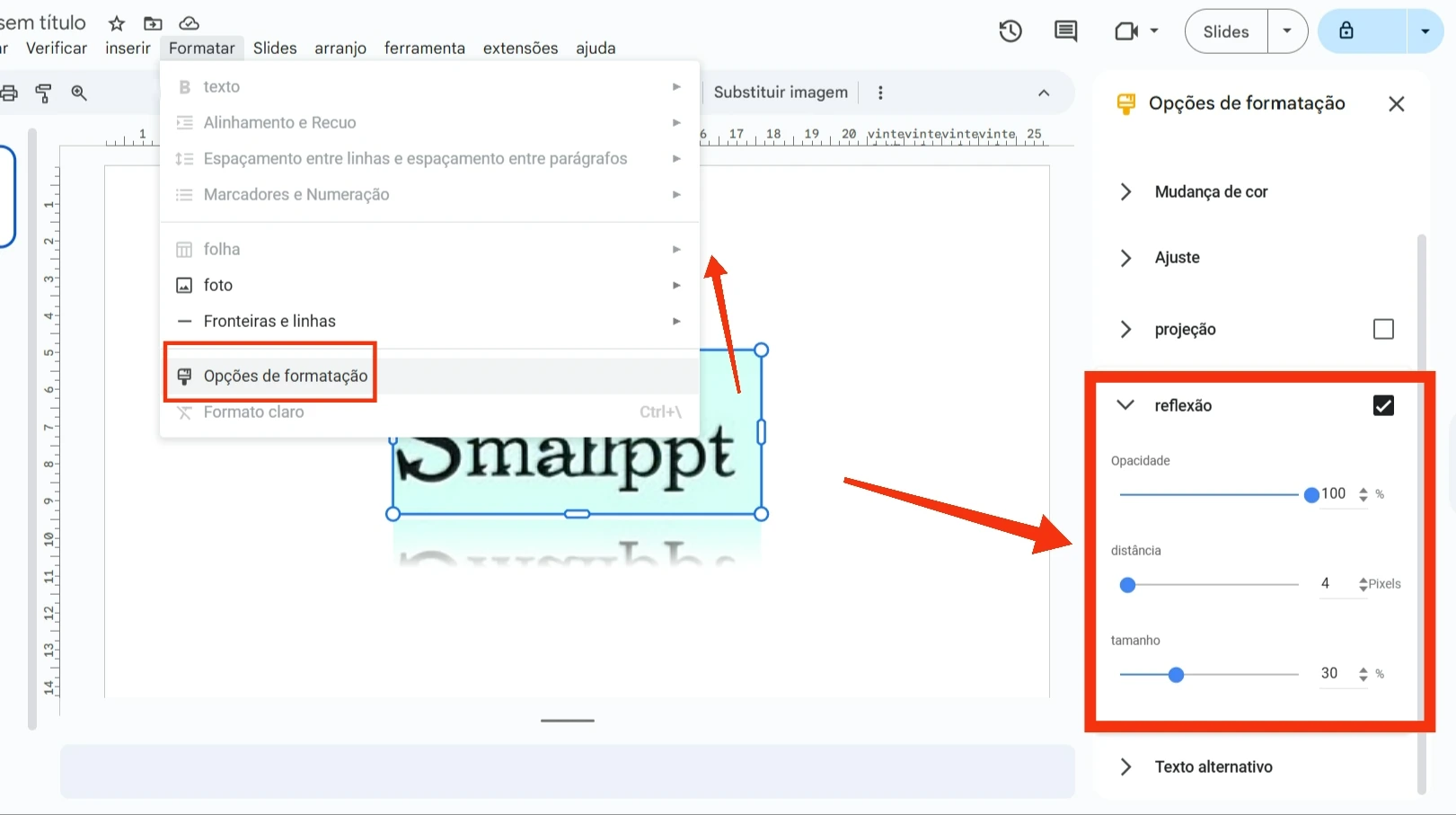 Ajuste os parâmetros do efeito de reflexo nas opções de formatação do Google Slides