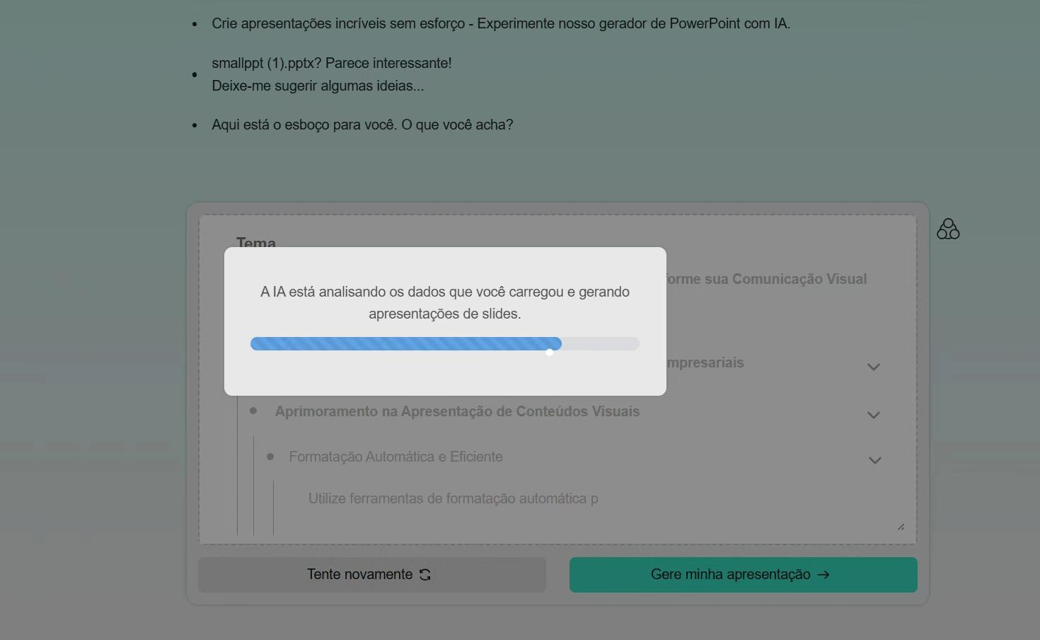 A inteligência artificial do Smallppt analisa os dados enviados durante o processo de upload para gerar apresentações