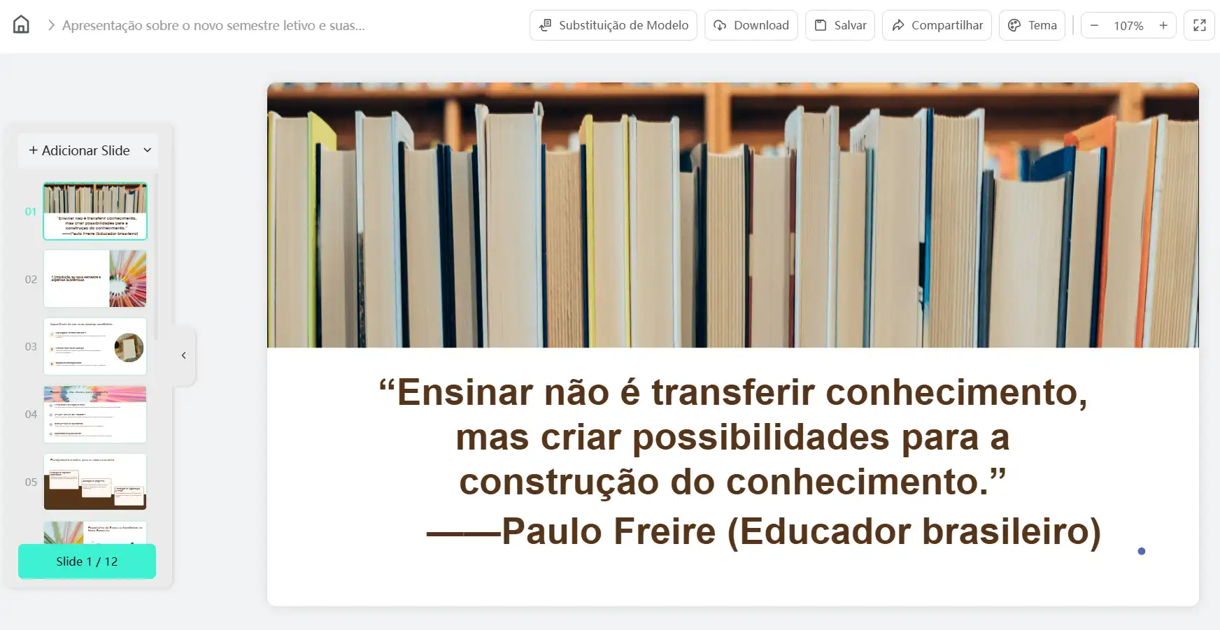 Primeira página dos slides de ensino