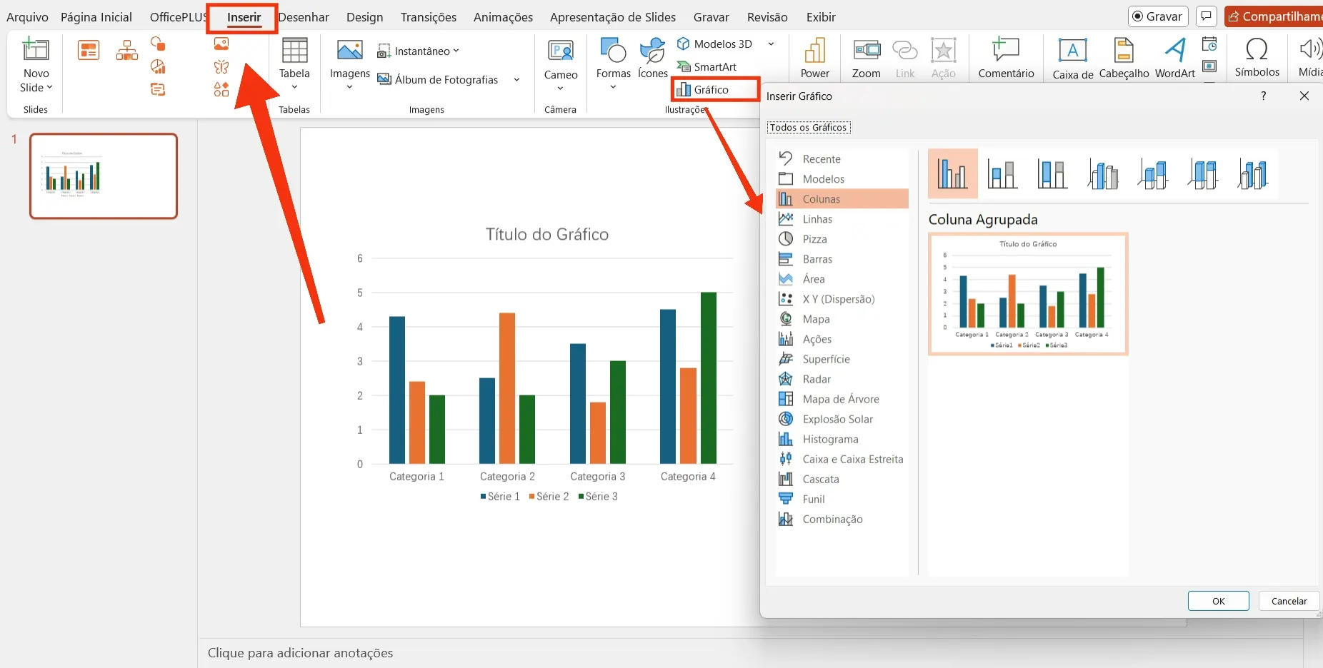 Demonstrando como inserir um gráfico no PowerPoint
