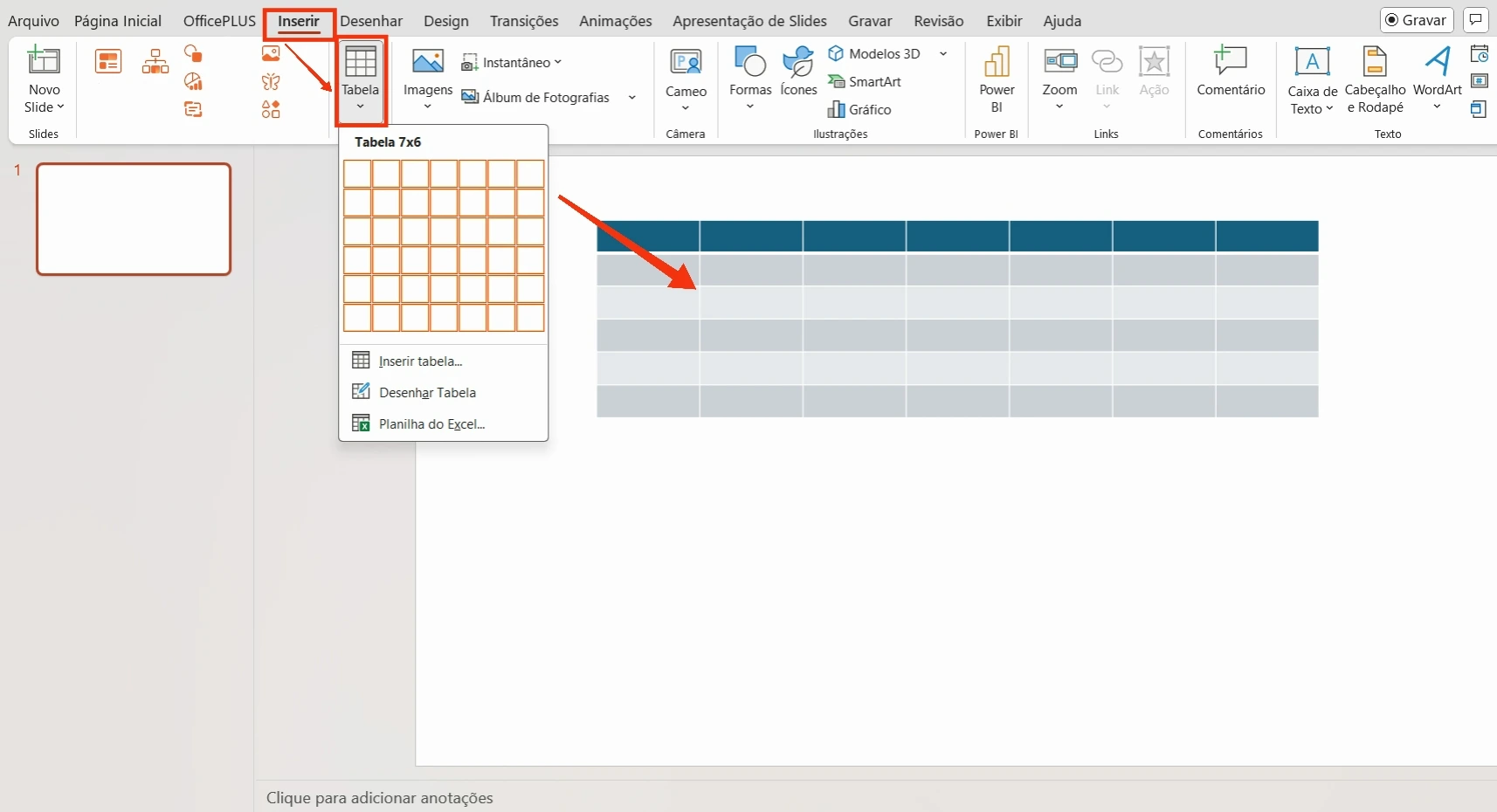 Inserindo uma tabela para criar um calendário