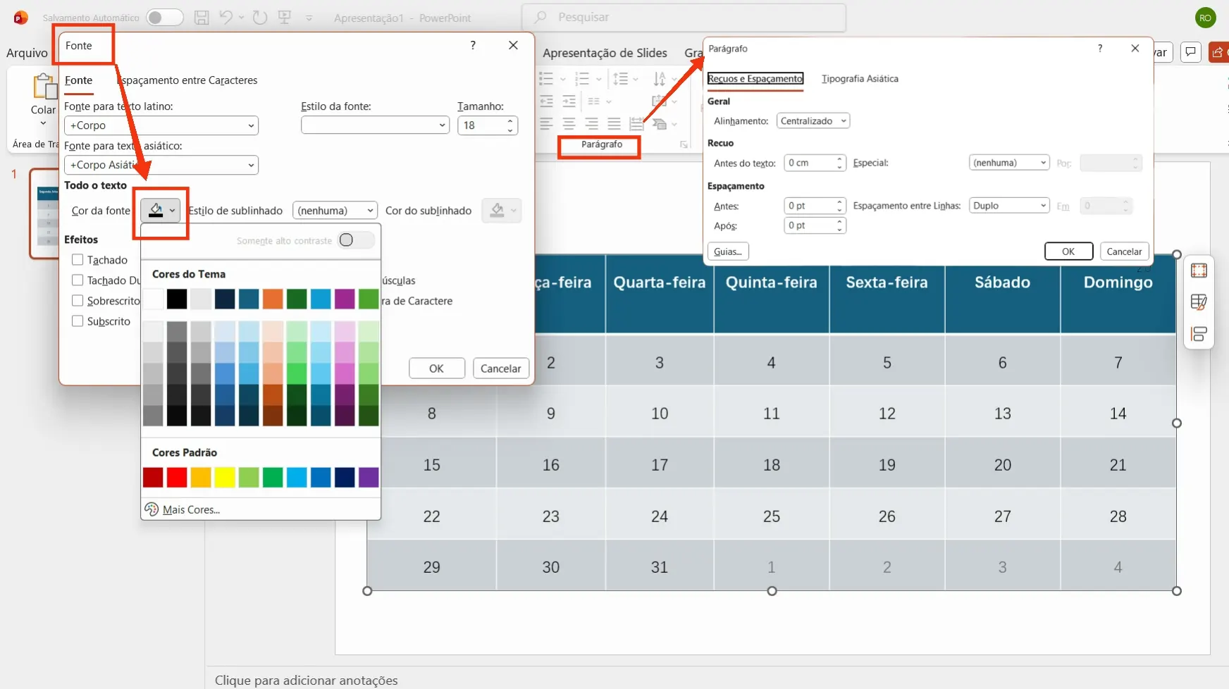 Configurações de formatação e cor do calendário