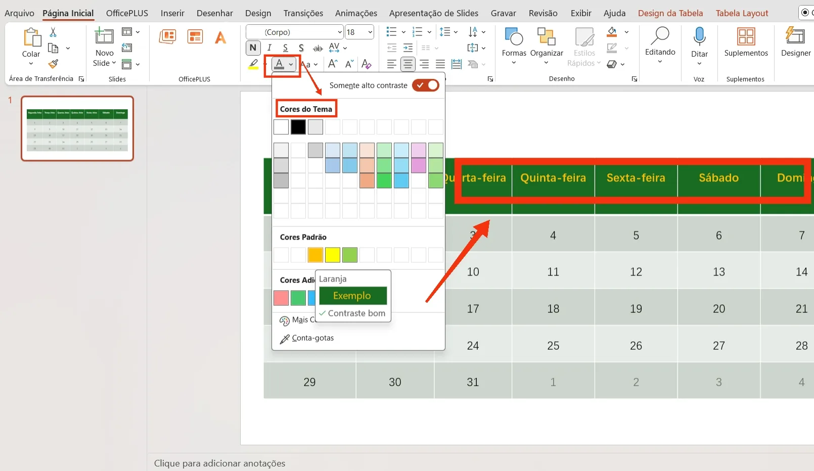 Configurações de cor do texto do calendário