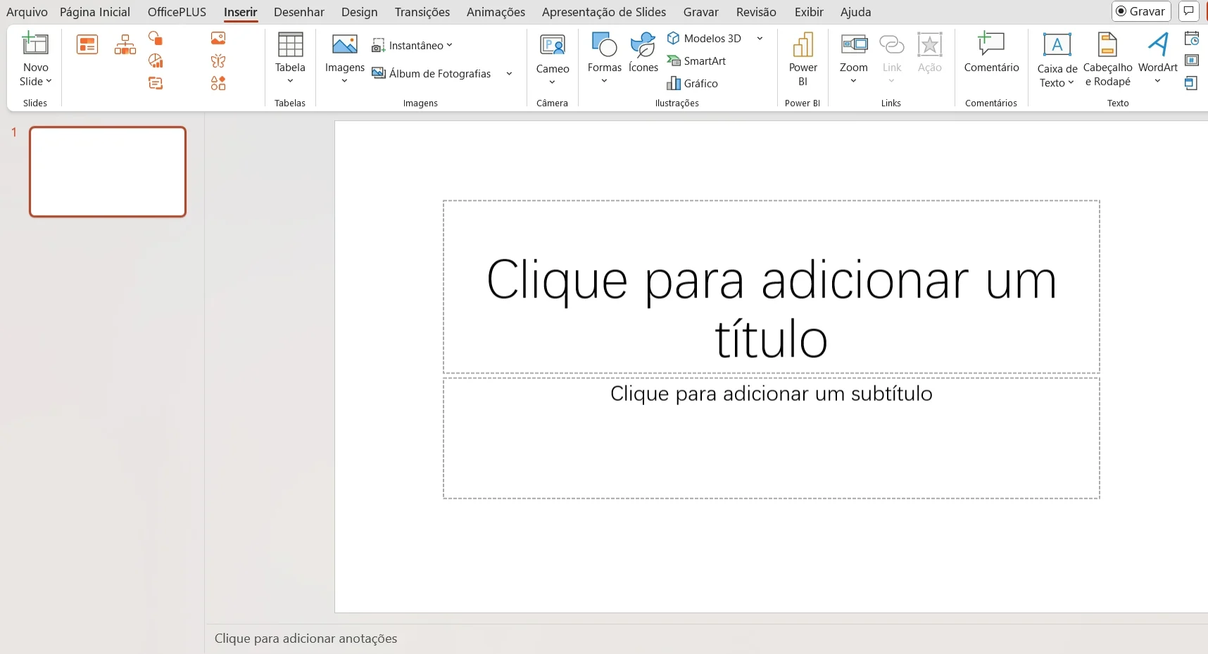 Layout inicial para uma nova apresentação do PowerPoint