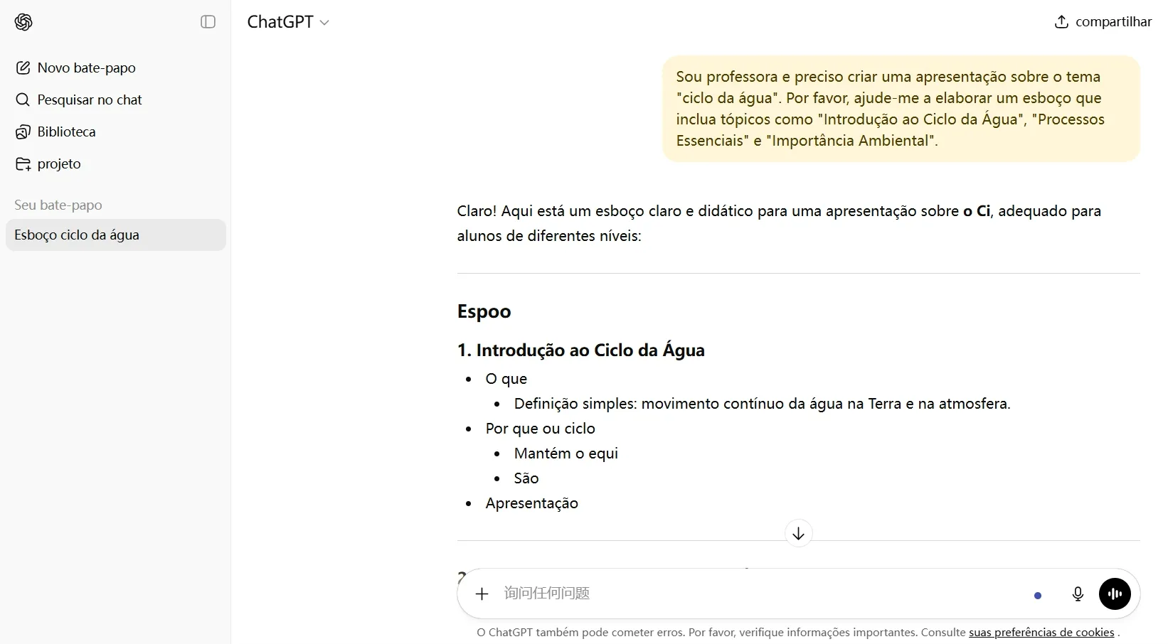 Diálogo para Gerar um Esboço de Apresentação sobre o "Ciclo da Água" usando a Interface do ChatGPT