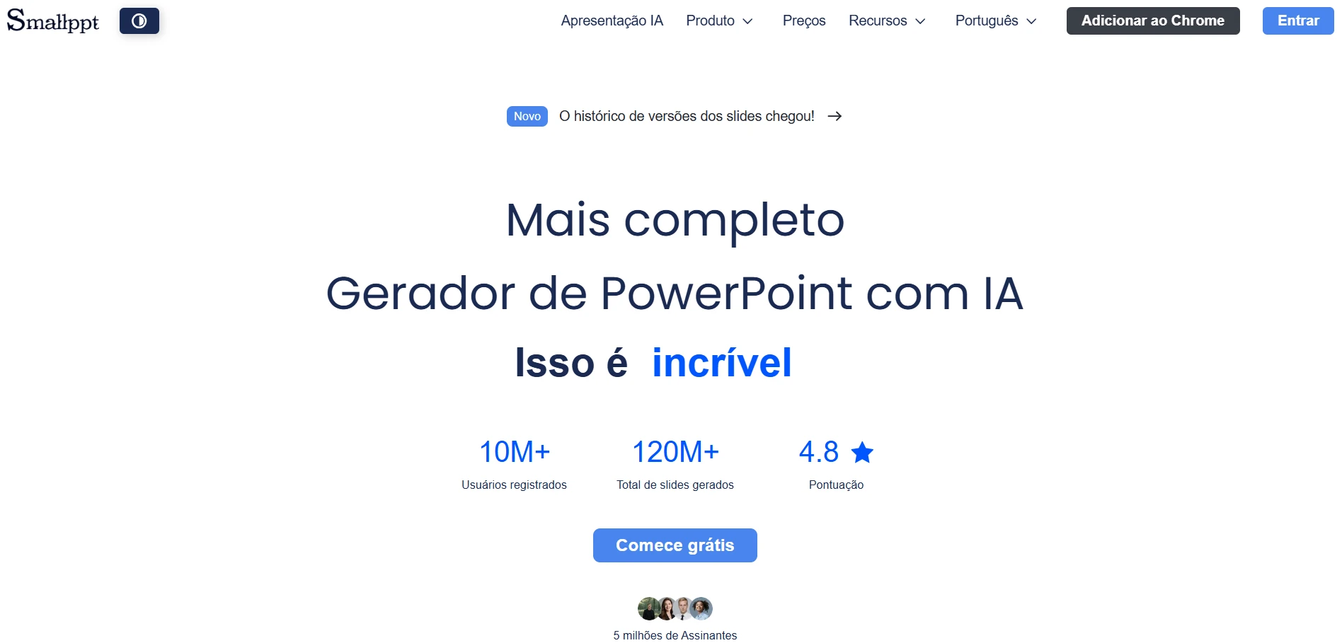Página Inicial do Gerador de PPT com IA Smallppt