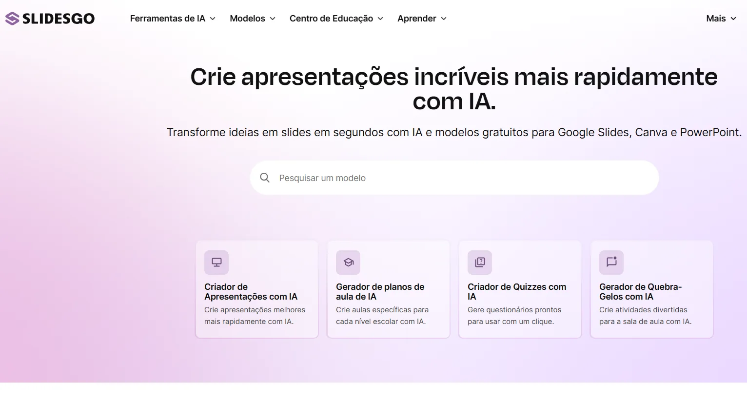 Página Inicial da Plataforma de Ferramentas de Apresentação com IA Slidesgo