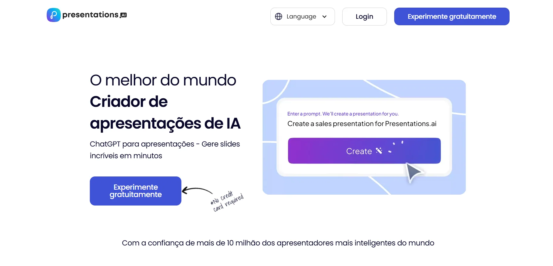 Página Inicial da Ferramenta de Criação de Apresentações com IA presentations.ai