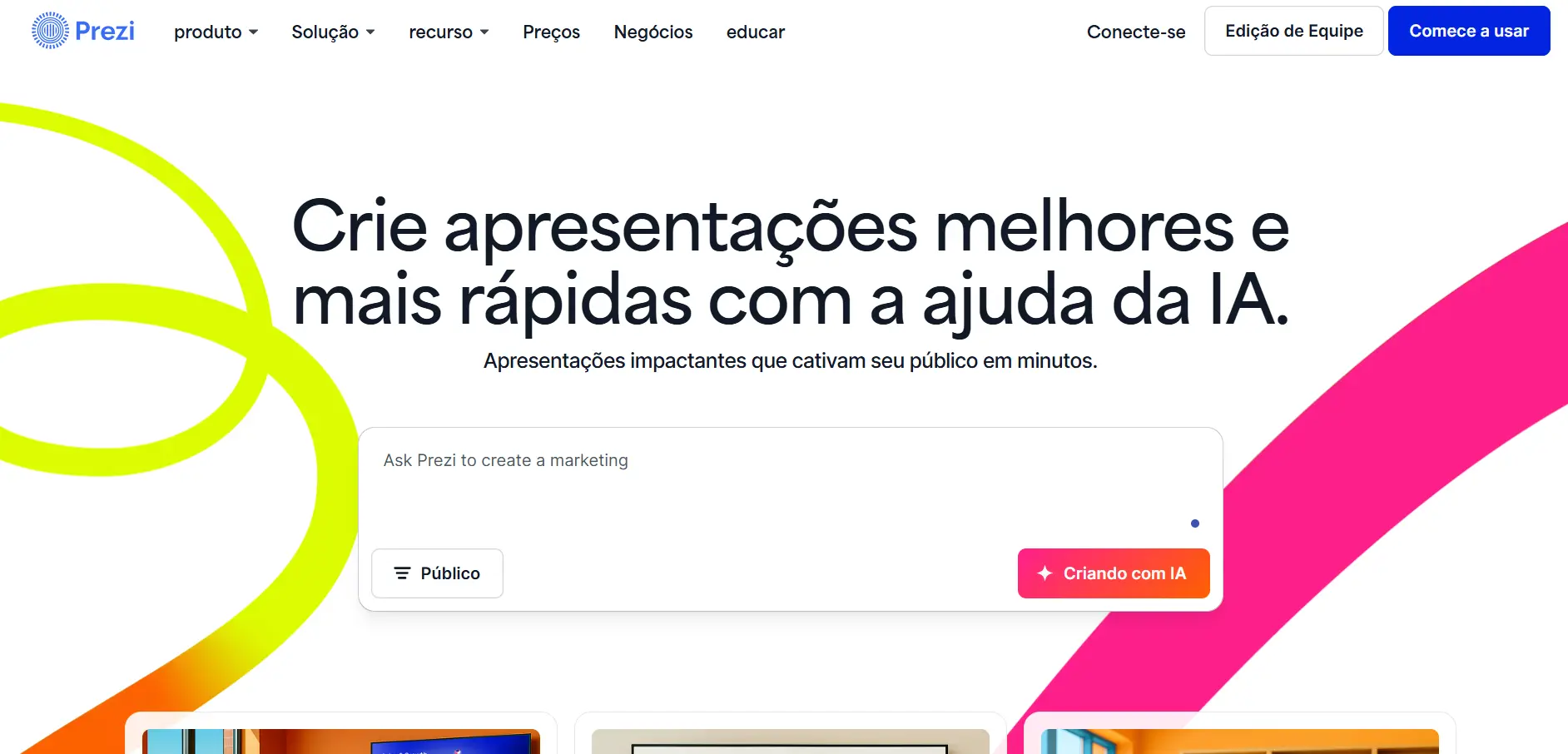 Página Inicial da Ferramenta de Apresentação com IA Prezi