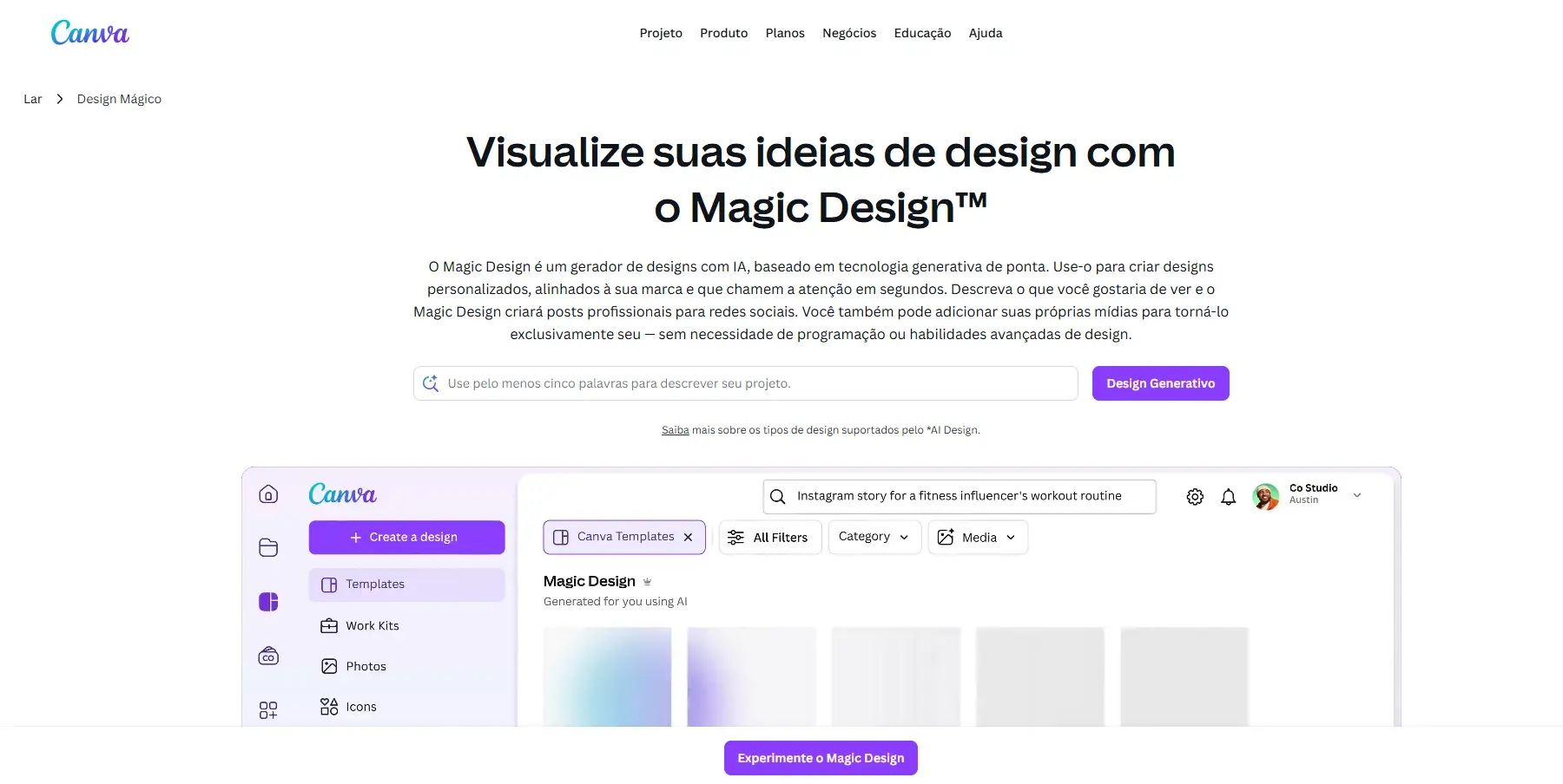 Página da Ferramenta de Design com IA Canva Magic Design