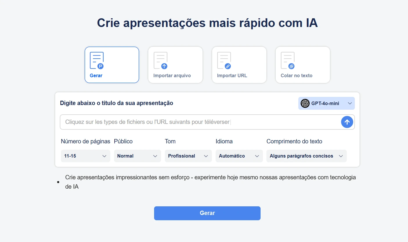 A interface da ferramenta de geração de apresentações com IA