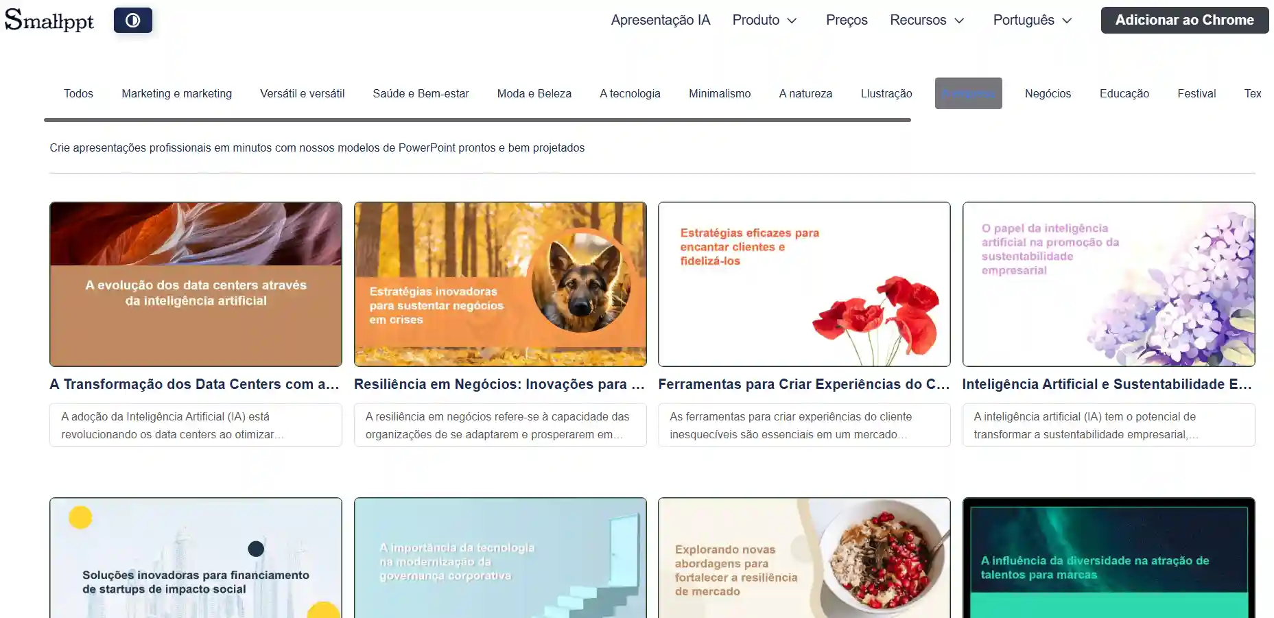 A "Biblioteca de Modelos PPT do Smallppt" apresenta modelos de apresentação profissionais sobre diversos temas