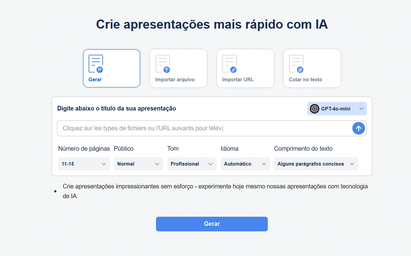 Apresenta a interface do usuário de uma ferramenta de geração de apresentações com IA