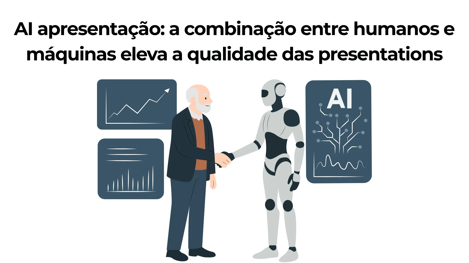 Em consonância com o conceito central de "colaboração humano-máquina", o aperto de mãos entre humanos e robôs representa uma relação colaborativa