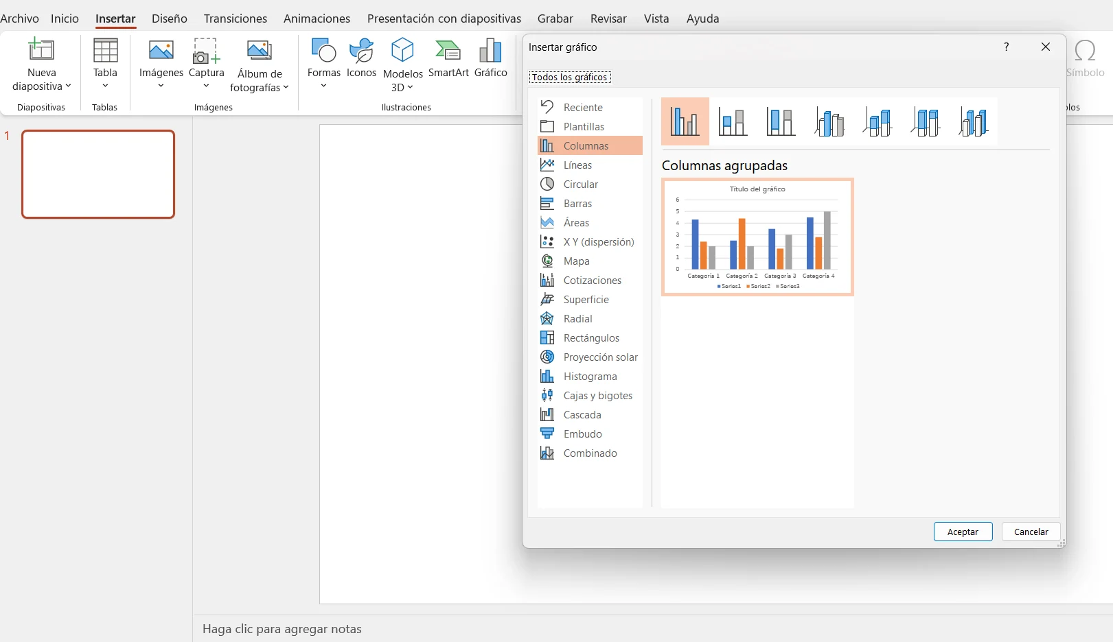 Seleccione e inserte diferentes tipos de gráficos en PowerPoint.
