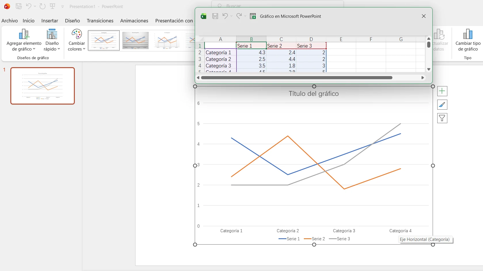 Después de insertar un gráfico en PowerPoint, puede editar directamente sus datos a través de la hoja de cálculo de Excel vinculada.