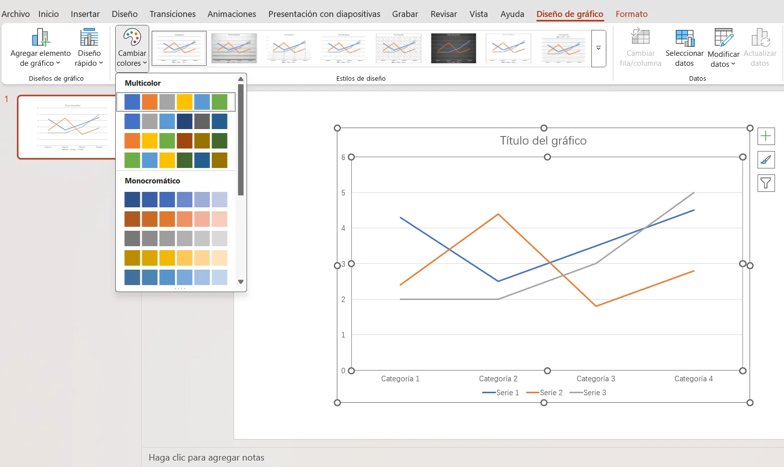 La interfaz de selección de color del gráfico permite ajustar su paleta de colores.