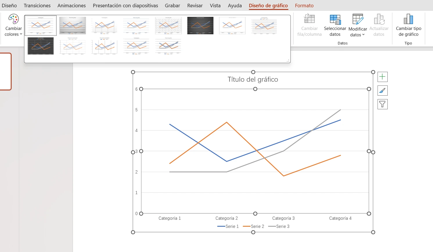 La interfaz de selección de estilo del gráfico permite ajustar rápidamente la apariencia del gráfico.