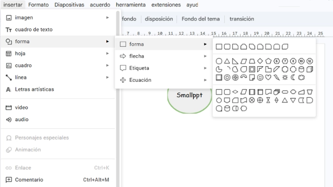Abre tu presentación de Google Slides, haz clic en Insertar, selecciona Forma y usa un óvalo o círculo para crear el concepto central.