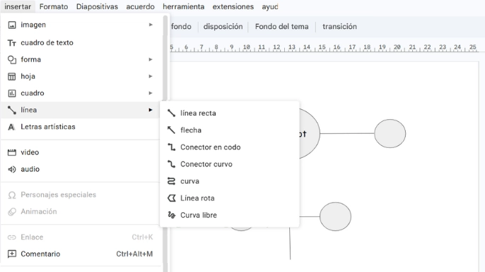 A continuación, haga clic en "Insertar", seleccione "Líneas" y utilice la herramienta de línea para conectar el concepto central con cada nodo.