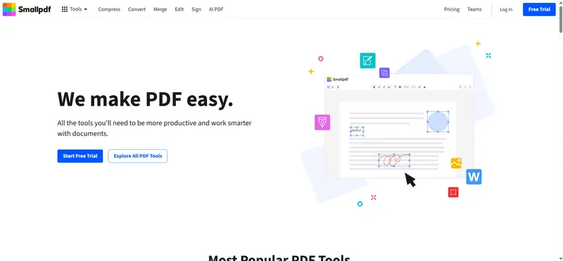 無料PDF 編集ツールsmallpdfの公式サイトバナー