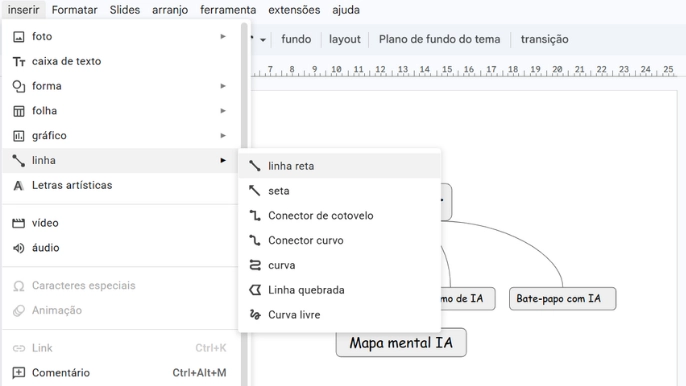 Use a ferramenta Linha no menu Inserir para conectar cada subtema ao tema central.