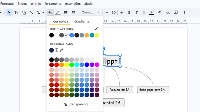 Você pode personalizar cores, fontes e estilos de linha, além de ajustar posição e tamanho das formas.