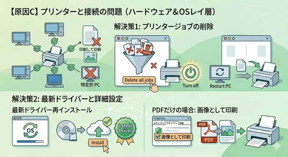 【原因C】プリンタードライバーや接続の問題 視覚的画像