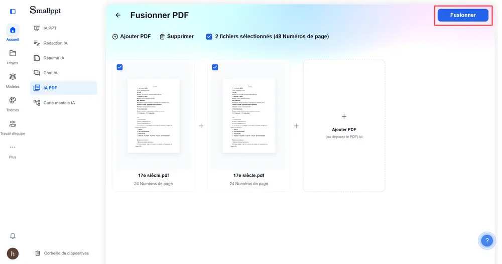 Cliquez sur « Fusionner » en haut à droite du plan