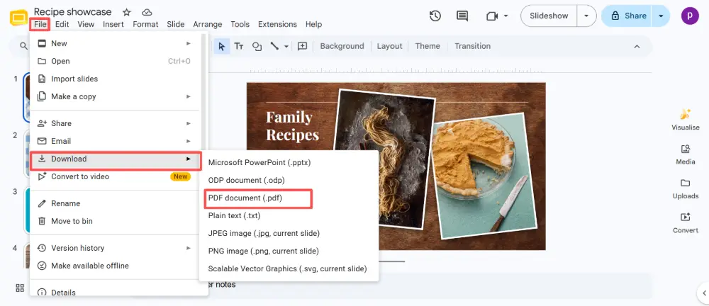 Method 1: File → Download → PDF (fastest)