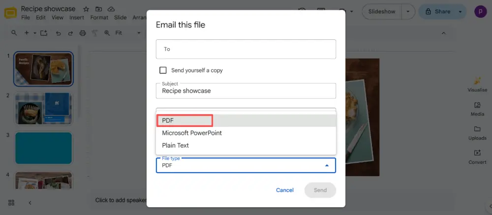 In the dialog, set the format to PDF.