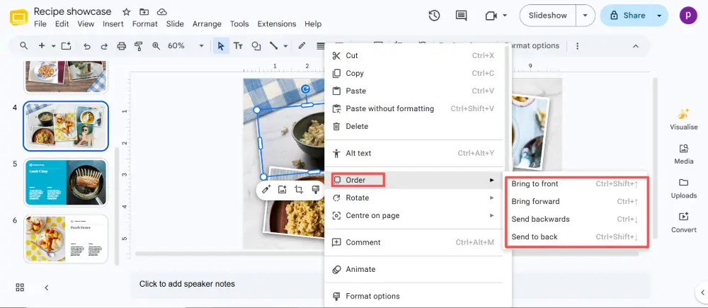 Right-click on it. Hover over Order in the context menu. Choose Bring to front (all the way to the top) or Bring forward (up one layer).