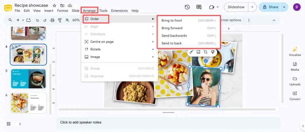 Click on the element you want to move. In the top menu, click Arrange. Hover over Order. Choose Bring to front or Bring forward.