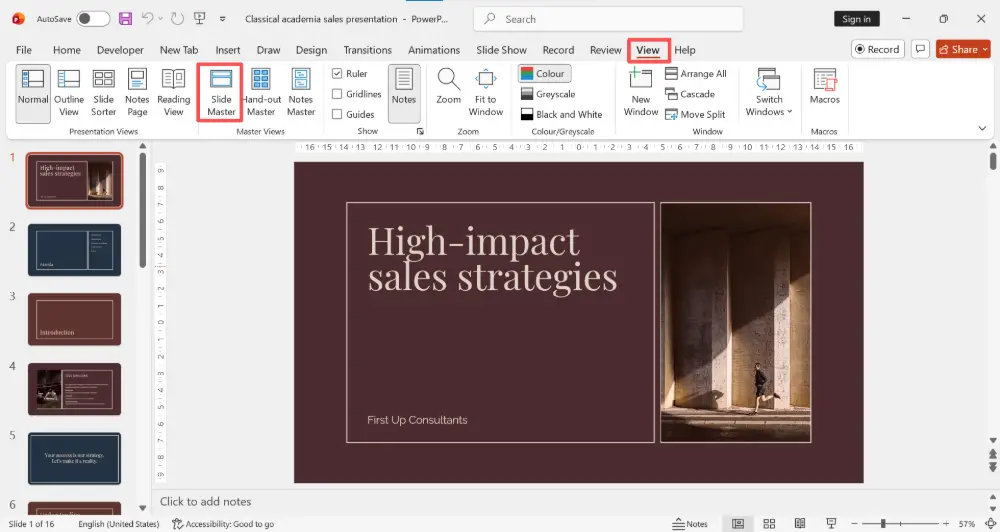 Go to View → Slide Master. This ensures the watermark appears on every slide.