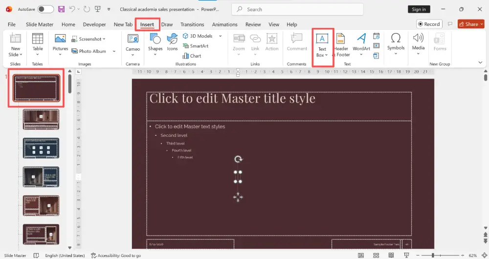 Click on the top (largest) master slide in the left panel. Go to Insert → Text Box. Draw a large text box across the center of the slide.