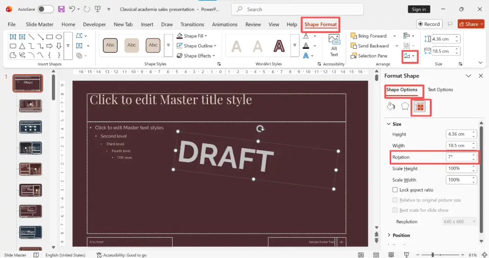 optionally rotate it diagonally (select the text box → drag the rotation handle, or use Format → Rotate → set a custom angle like 45°)
