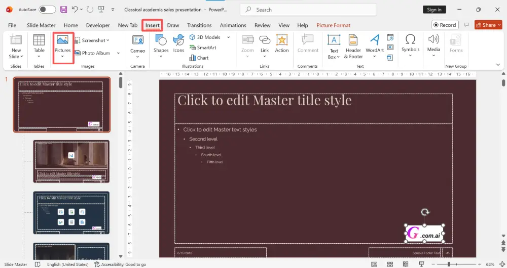 Go to Insert → Pictures → choose your logo or image.