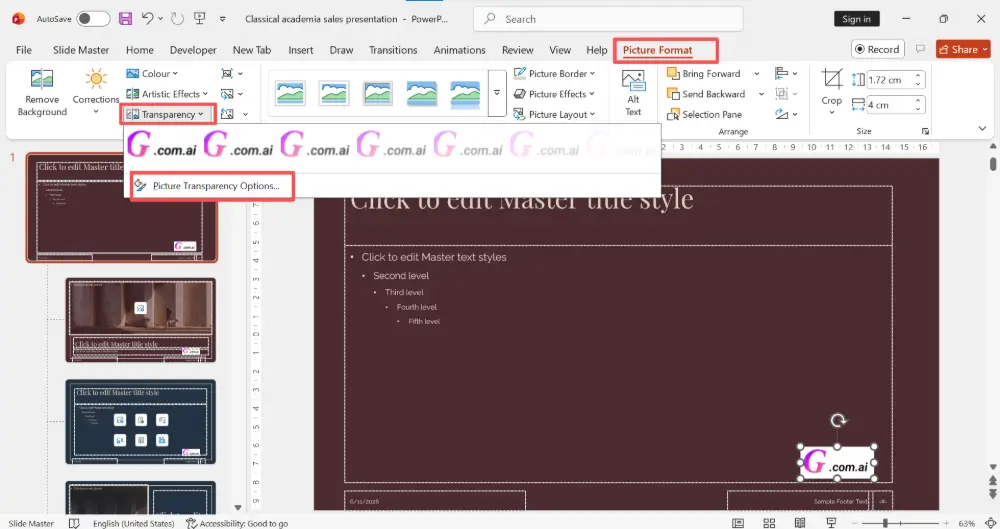 Make it semi-transparent: select the image → Picture Format tab → Transparency → choose a preset (e.g., 75%) or click Picture Transparency Options for a custom value.