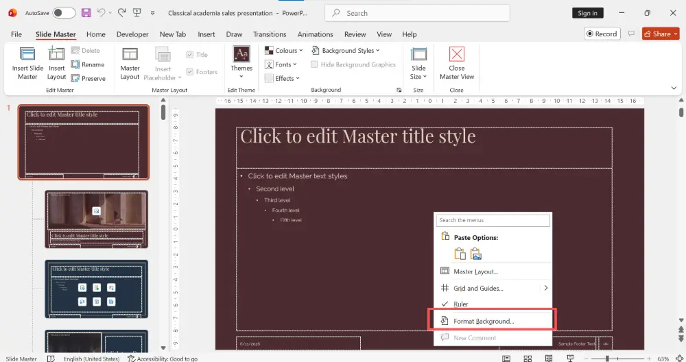 Right-click the slide → Format Background.