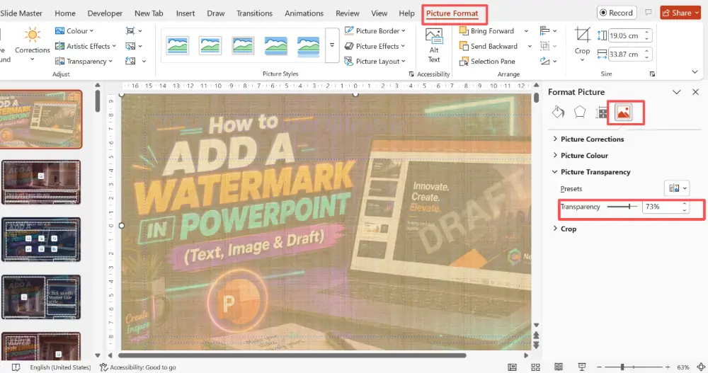Set the Transparency slider to 70–90% so the image fades into the background.
