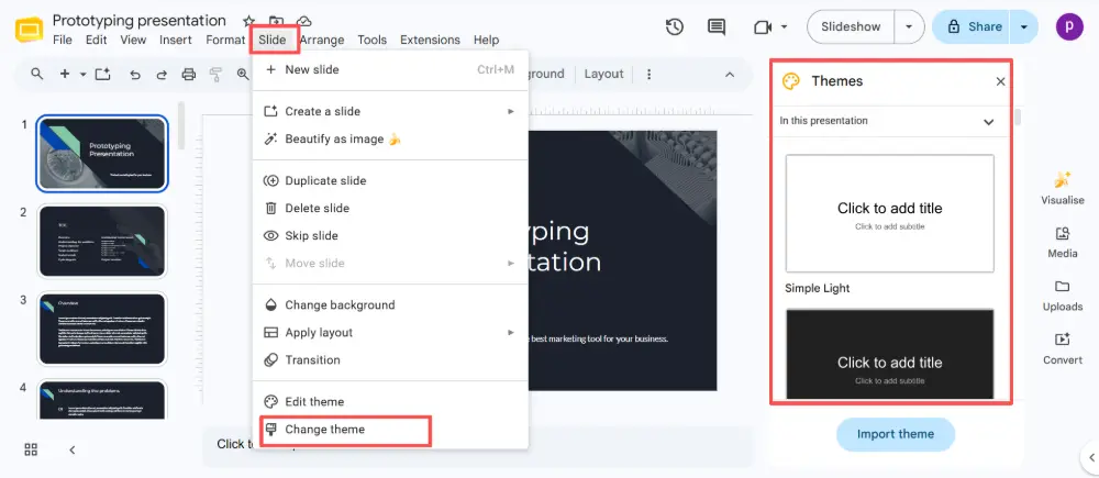 Click Slide in the top menu → Change theme. A panel opens on the right showing available themes.